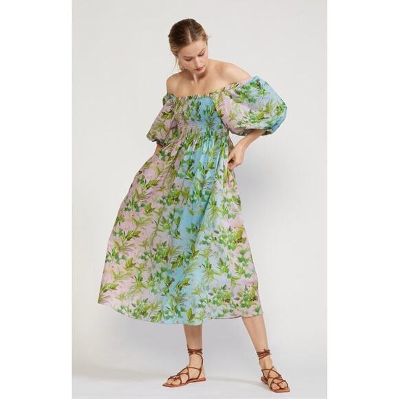 Cynthia Rowley Alice Smocked Cotton Midi Dress Puff Sleeve Multi Leaf Palm Print - Picture 5 of 11
